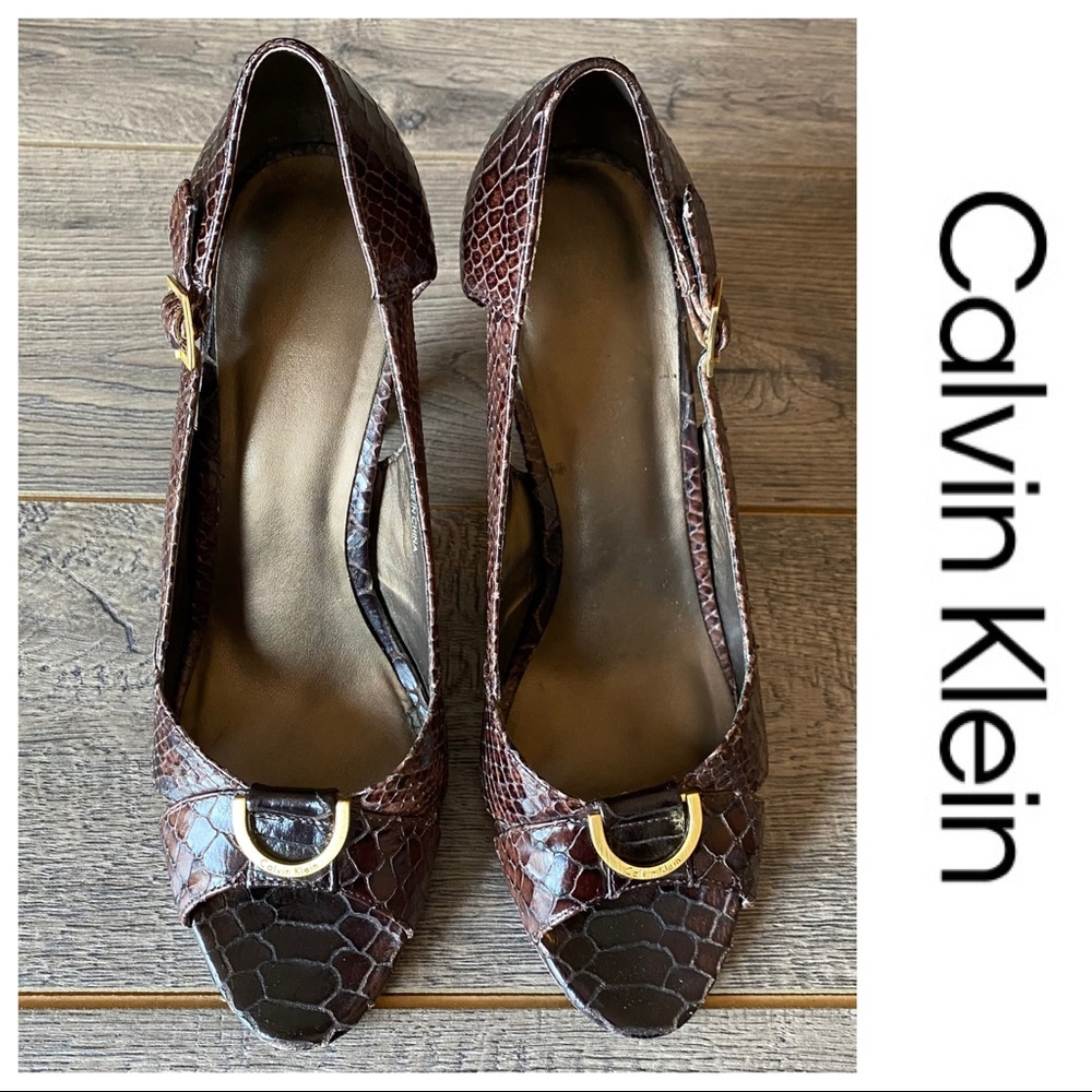 Calvin Klein | Boa Print Brown with Gold-tone Logo Hardware | Peep Toe Heel, 8.5
